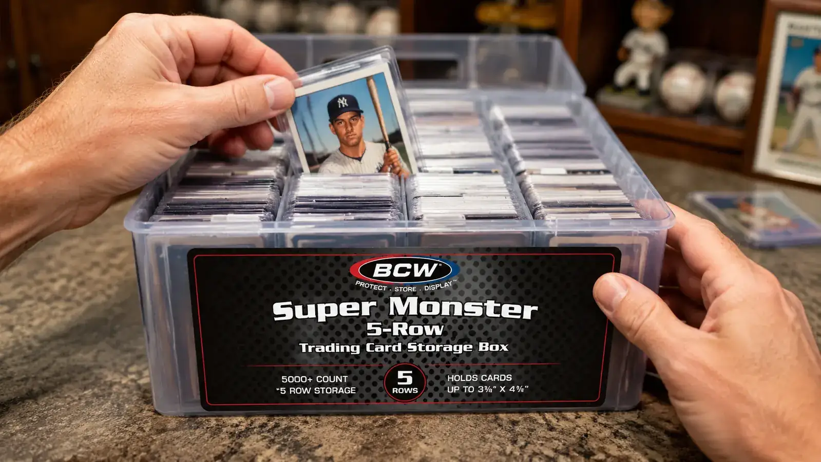 Hand placing a sleeved trading card into a BCW Super Monster storage box with rows of organized cards visible