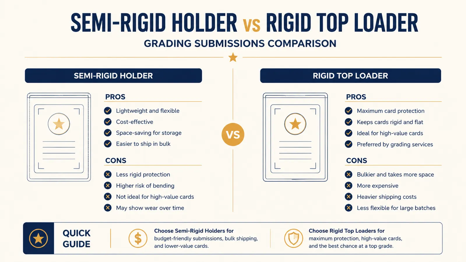 Side-by-side comparison showing Card Saver 1 versus a rigid top loader next to a grading submission checklist