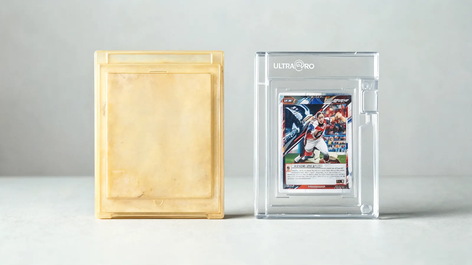 Side-by-side of a yellowed old top loader and a clear Ultra Pro One Touch holder showing UV clarity difference