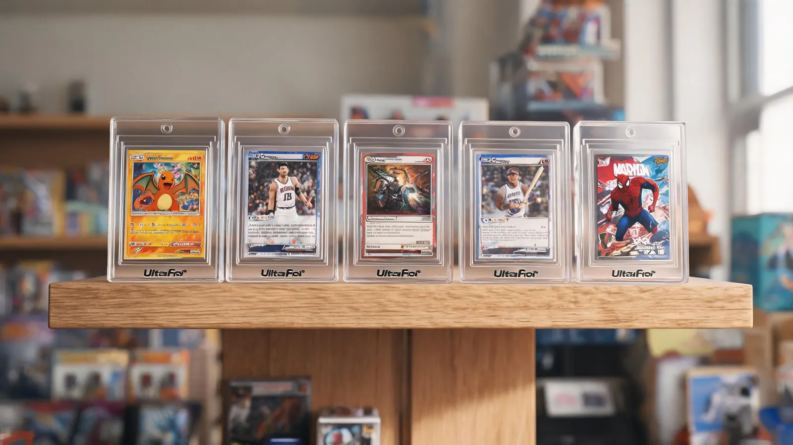 Row of Ultra Pro One Touch holders standing upright on a collector shelf, cards visible from front and back