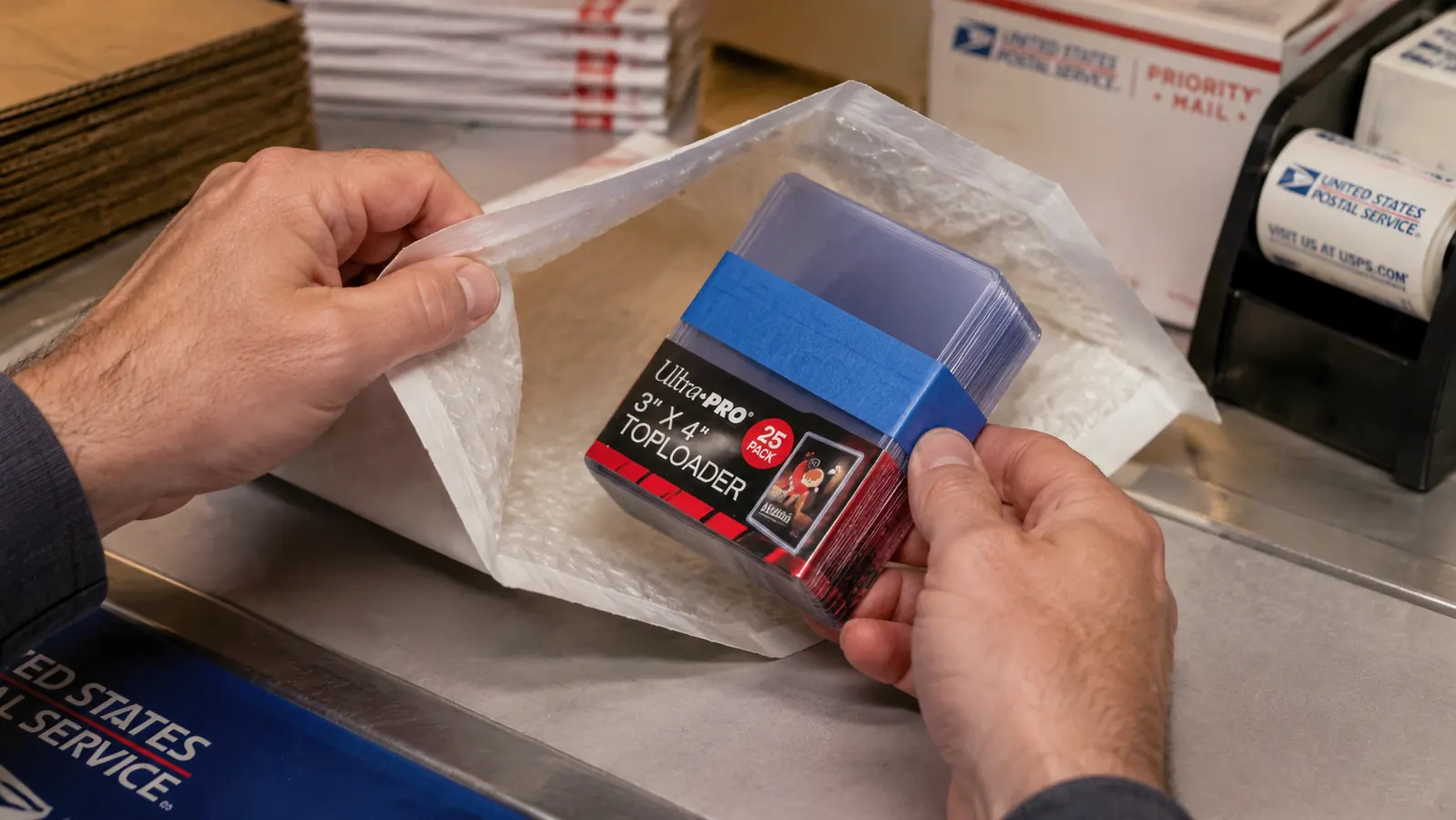 Padded bubble mailer with two top loaders taped together for safe card shipping