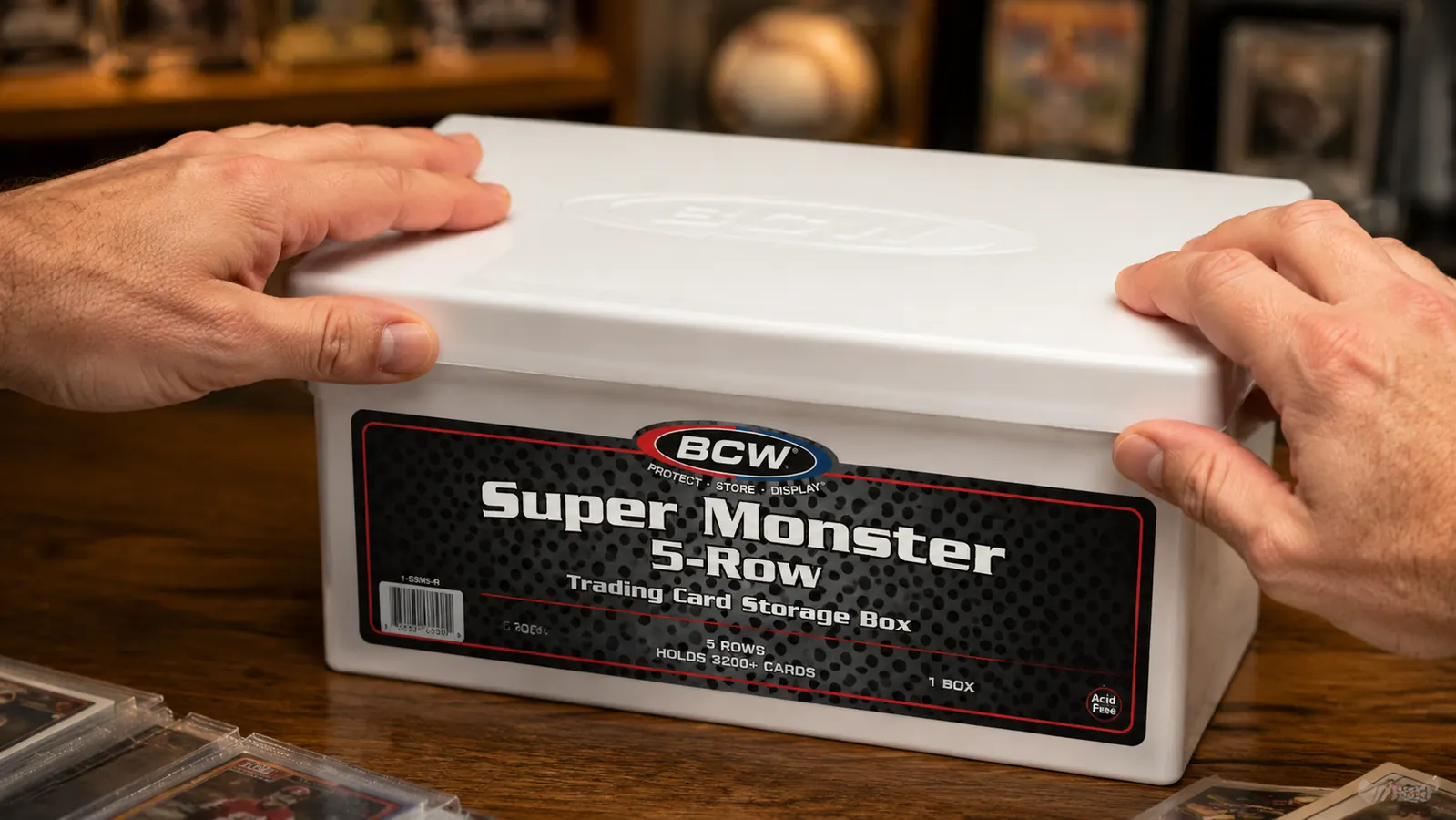 Close-up of the BCW Super Monster Box overlapping lid design showing how it locks shut on all four sides