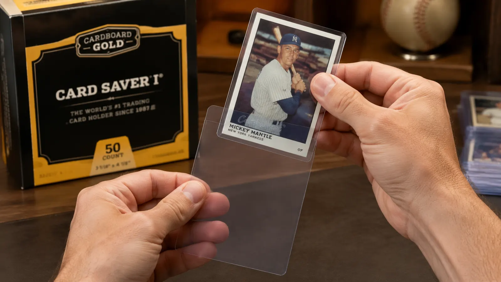Hand sliding a baseball card in a penny sleeve into a Card Saver 1 semi-rigid holder