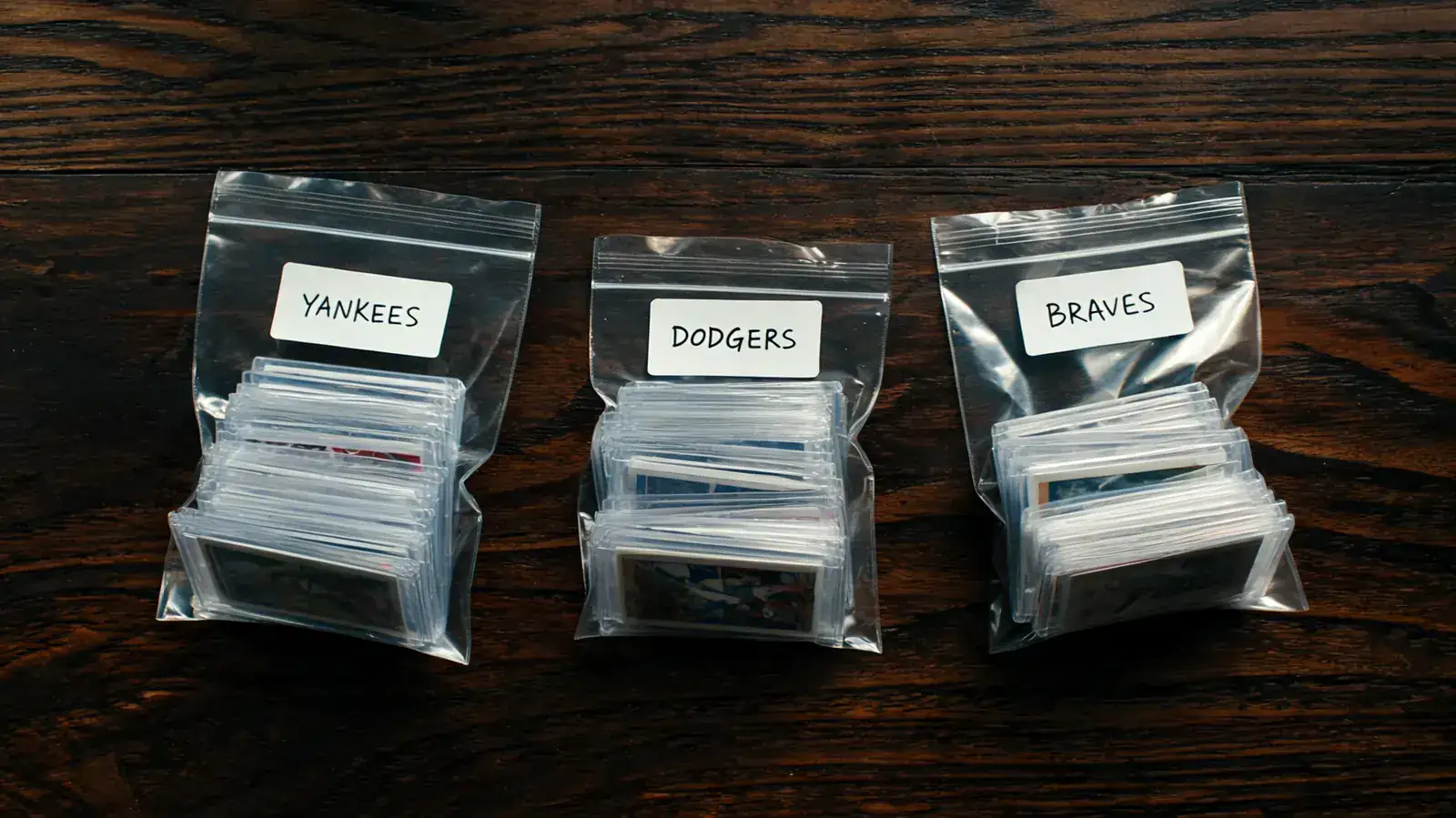 Baseball card team bags filled with top-loaded cards labeled by team name laid flat on a table