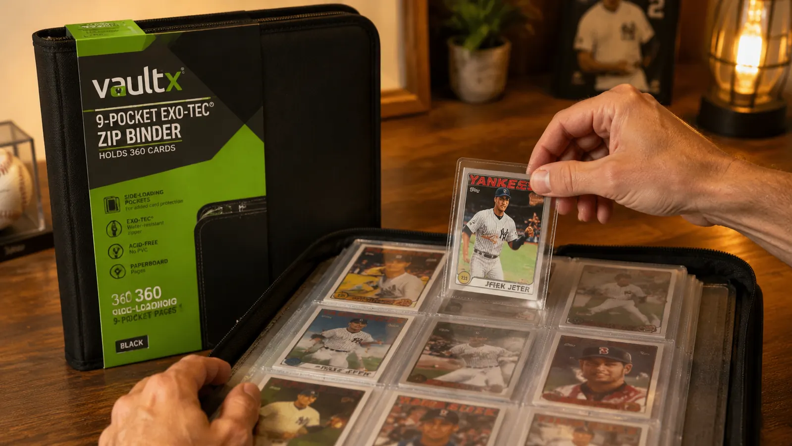 Hand sliding a baseball card into a side-loading 9-pocket page inside a Vault X binder