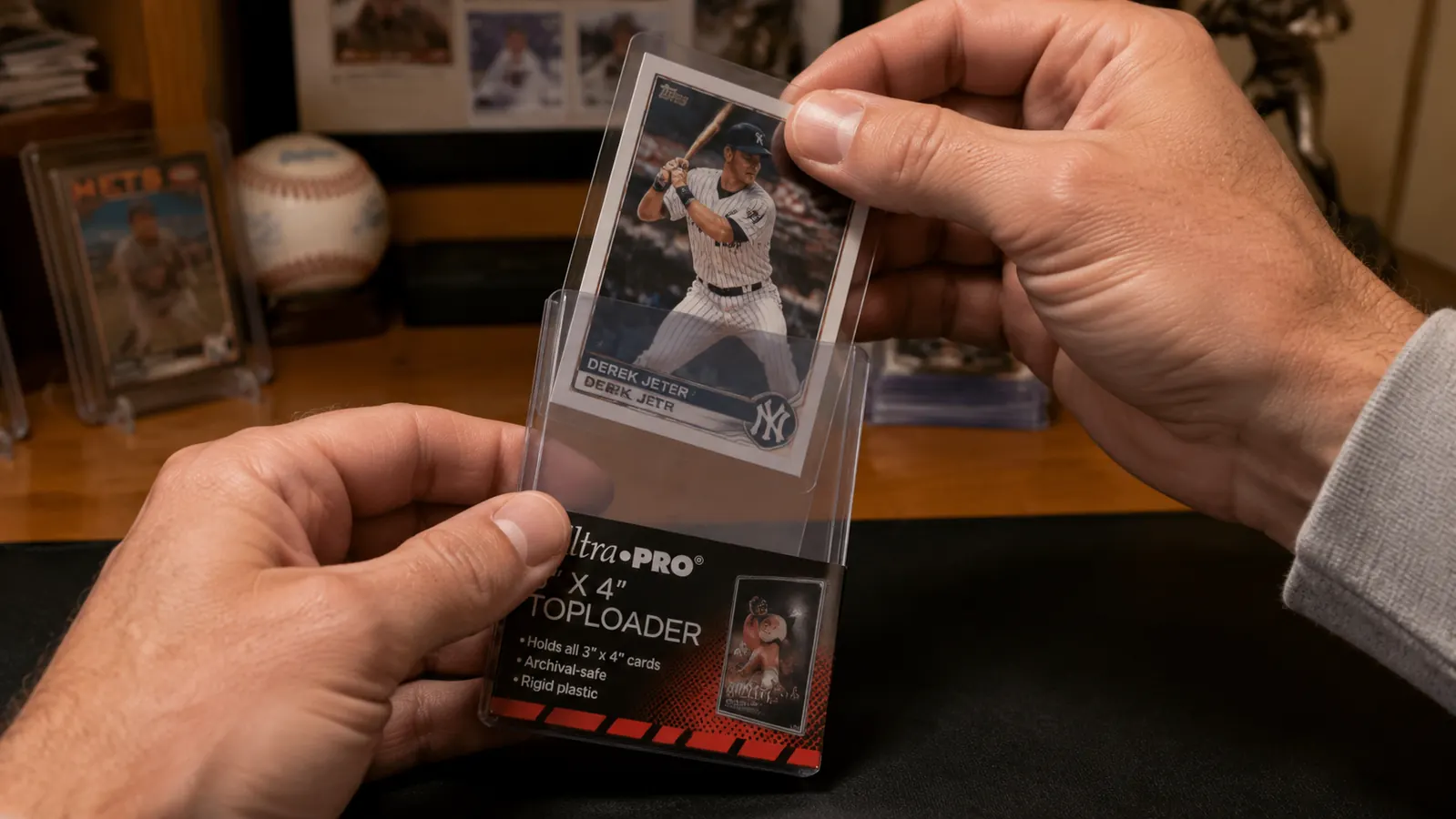 Hand sliding a penny-sleeved baseball card into an Ultra Pro top loader from the top opening