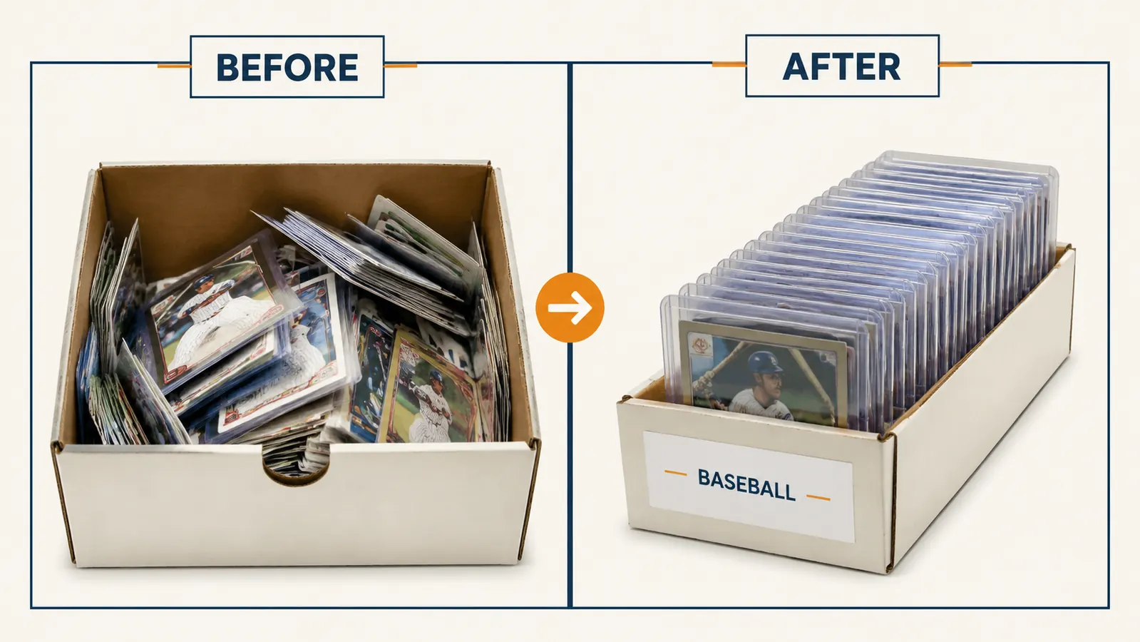 Two side-by-side storage views: shoebox full of loose cards on the left, organized box of top-loaded cards on the right
