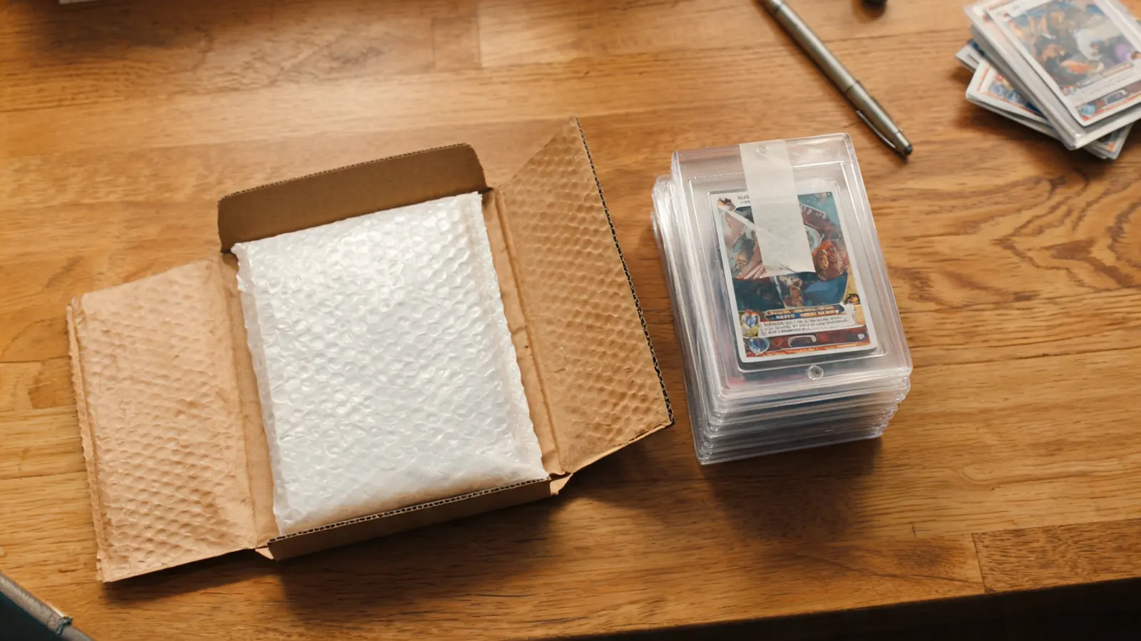 A padded envelope beside three top-loaded cards ready to be mailed, showing the correct stacking method for shipping