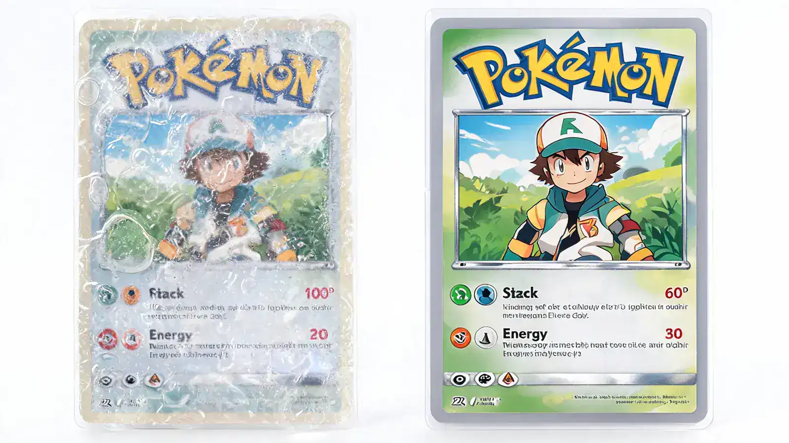 Comparison of a bubbled card surface from PVC damage next to a pristine card stored in a quality binder