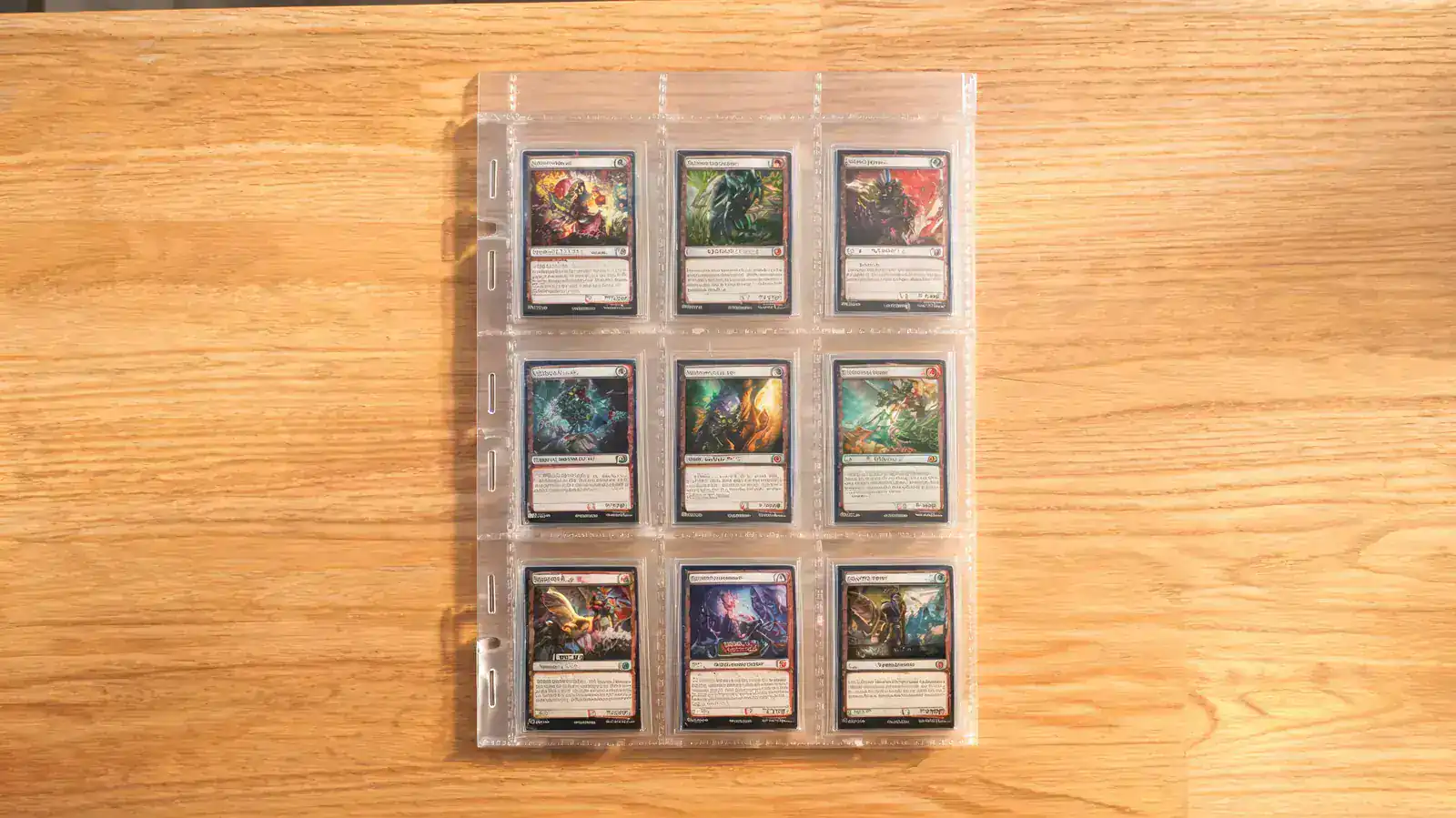 Open 9-pocket binder page showing neatly loaded MTG cards from a side-loading angle, binder flat on desk